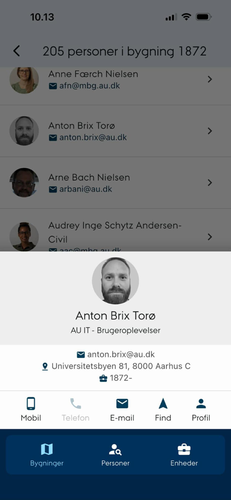 AU Find - A screenshot of the AU Find app showing a person profile with contact details and campus location