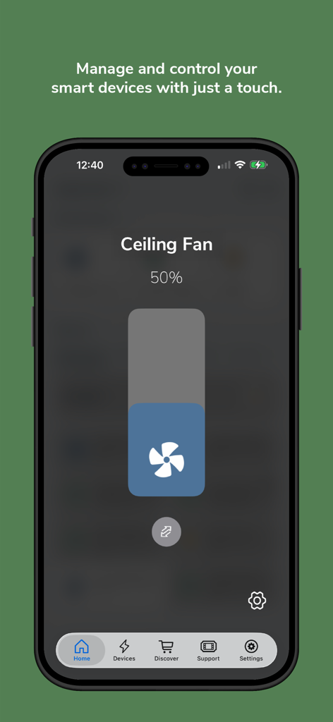 Pantalla de smartphone mostrando la interfaz de la aplicación HunterSMART para controlar la velocidad de un ventilador de techo