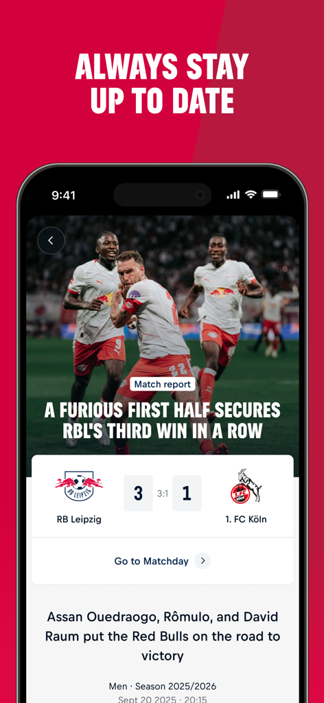 RB Leipzig - Interfaz de la app móvil RB Leipzig mostrando un informe de partido de fútbol y actualización de resultados