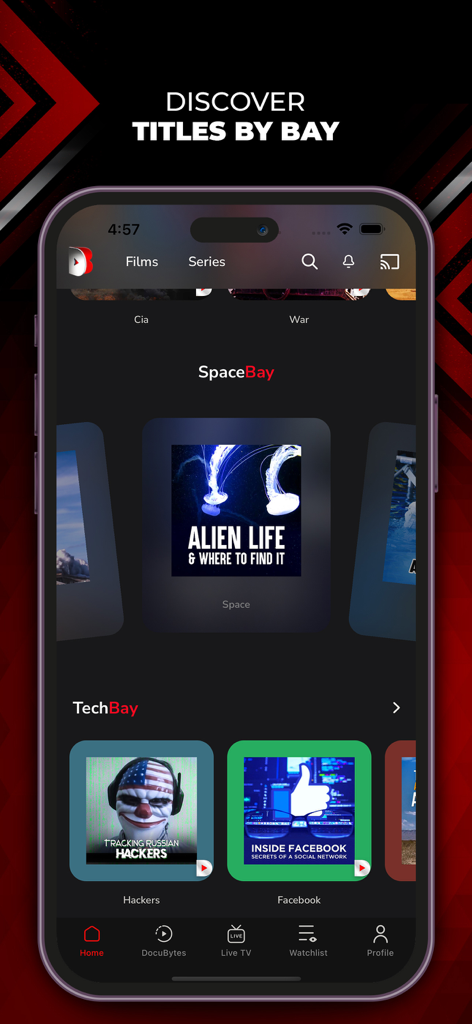 Application mobile DocuBay affichant les catégories de documentaires SpaceBay et TechBay