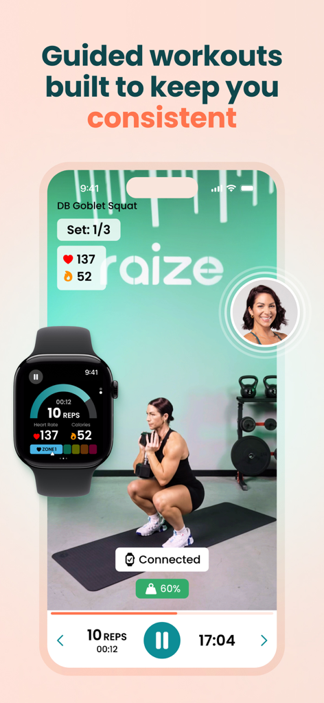 Raize app interface on iPhone and Apple Watch showing a guided goblet squat workout with heart rate and rep tracking