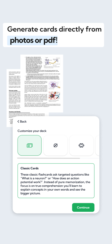 Bulletpoint - Bulletpoint app interface showing how to generate classic study cards directly from photos or PDF documents