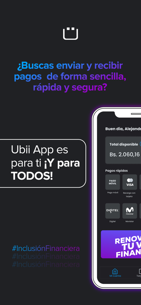 Ub app - Interfaz de la billetera de la app Ubii mostrando el saldo en Bolívares y opciones rápidas de pago para recargas móviles.