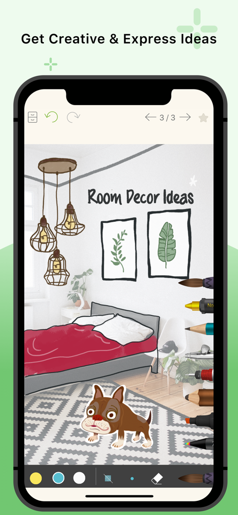 NoteLedge - Mood Board & Notes - Schermata dello smartphone che mostra l'app NoteLedge con una mood board di arredamento e strumenti di disegno