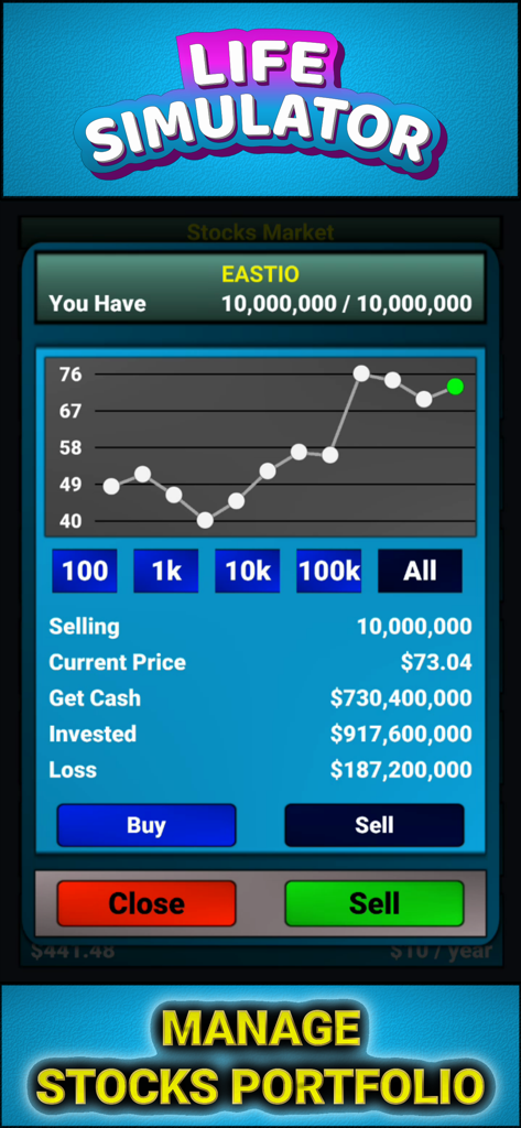 Life Simulator - Business Game - In-game stocks market screen showing a price graph and portfolio management options.