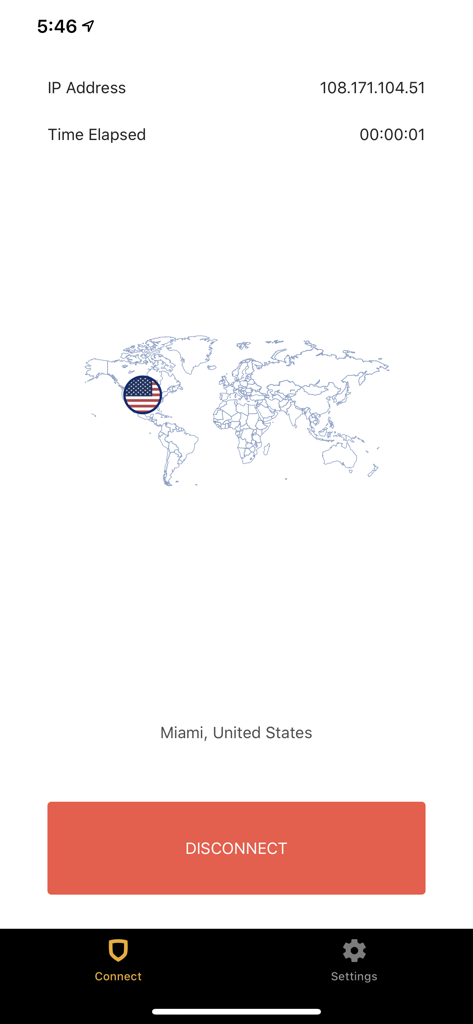 StrongVPN mobile app interface showing an active connection to a server in Miami United States