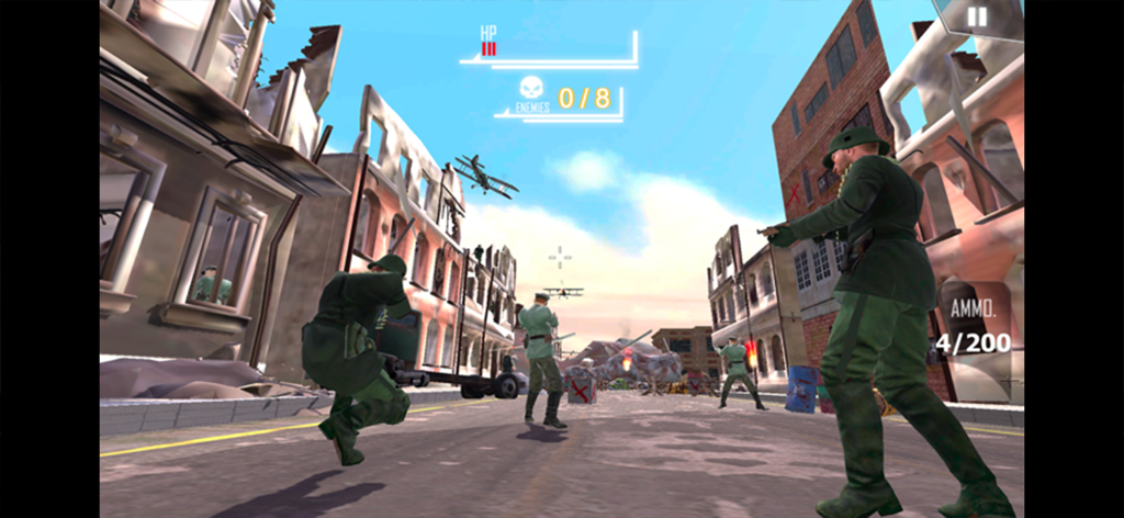 World War Survival Saga - Soldados con uniformes verdes navegando por una ciudad destruida en Saga de Supervivencia en la Segunda Guerra Mundial.