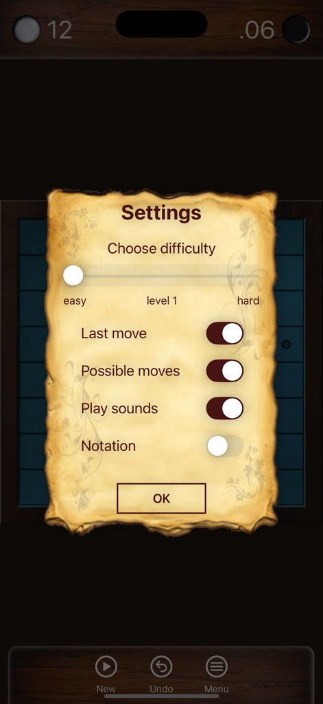 Reversi - Offline - Menú de configuración de Reversi Offline mostrando niveles de dificultad y opciones de juego en un fondo estilo pergamino