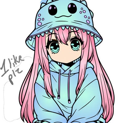 girl with anime shaped eyes with a dinosaur bucket hat oversized sweatshirt long straight hair