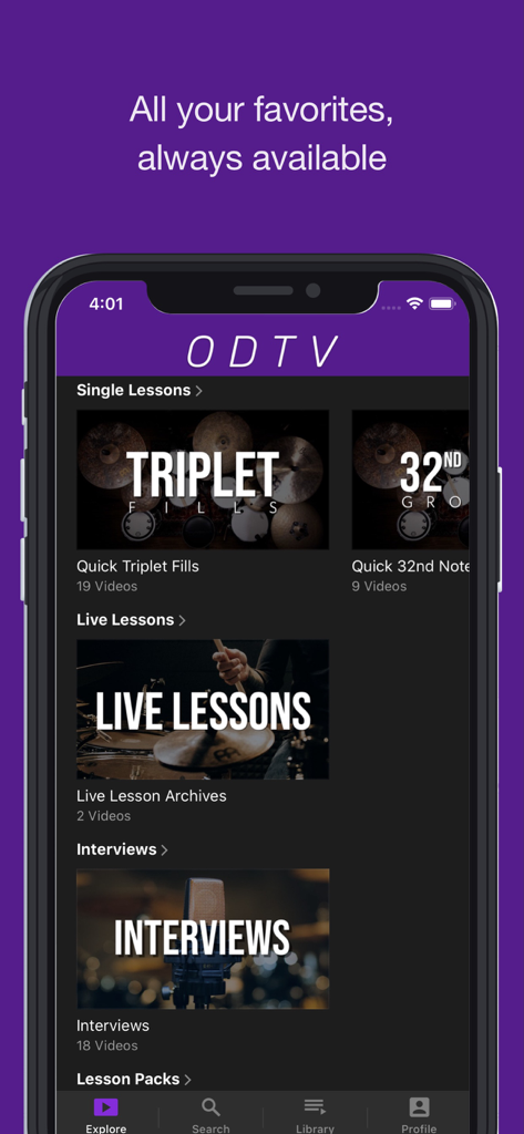 OrlandoDrummer | ODTV - OrlandoDrummer ODTV mobile app interface displaying drum lessons categories including triplet fills and live lesson archives.