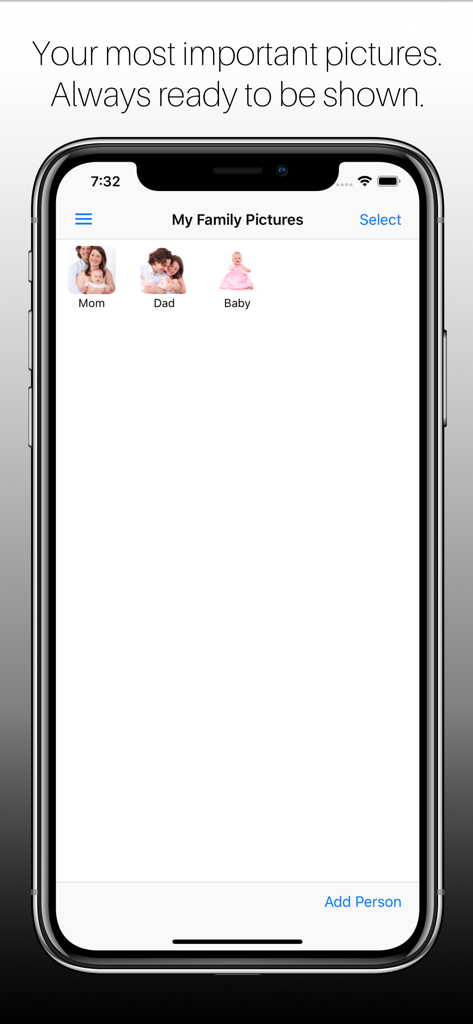 My Family Pictures - Interface of the My Family Pictures app showing organized categories for family members like Mom Dad and Baby on an iPhone screen