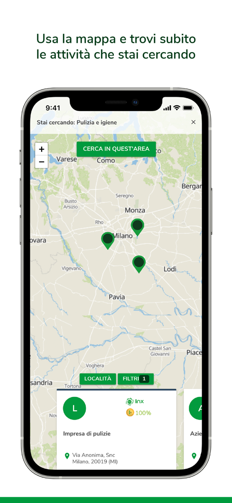Io Pago Linx - Interfaz de mapa de la aplicación Io Pago Linx que muestra negocios locales en el circuito.