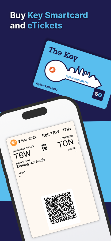 Southeastern: Train tickets - Southeastern 앱 인터페이스, QR 코드와 Key 스마트카드 포함 디지털 기차 e티켓 표시