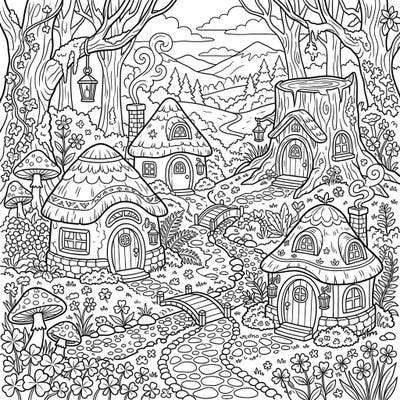 Enter a world of enchantment with this charming coloring page featuring delightful leprechaun cottages. Nestled in a whimsical forest, these tiny homes are waiting for your creative touch.