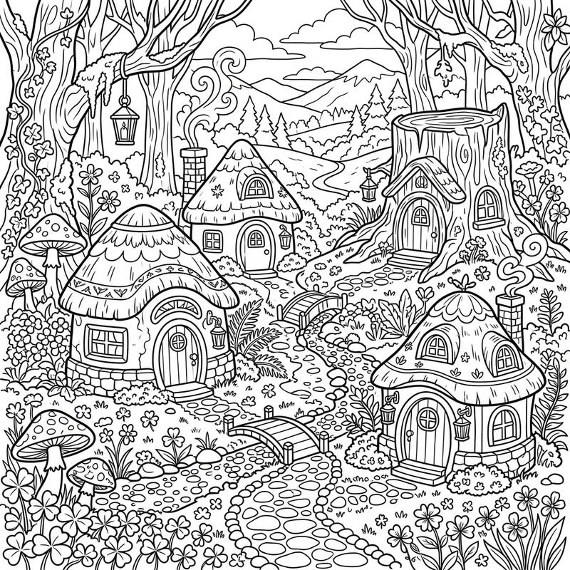 Enter a world of enchantment with this charming coloring page featuring delightful leprechaun cottages. Nestled in a whimsical forest, these tiny homes are waiting for your creative touch.