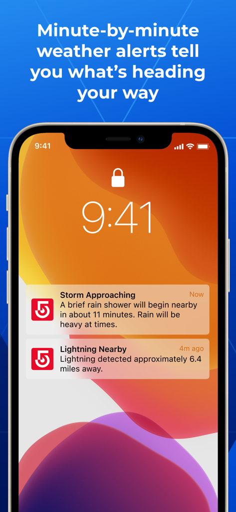 WCVB NewsCenter 5 - Boston - Smartphone lock screen displaying push notifications for a storm approaching and lightning nearby from the WCVB news app