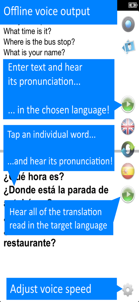 Offline Translator 8 languages - Screenshot of the app showing offline voice output and pronunciation features for translating English to Spanish.