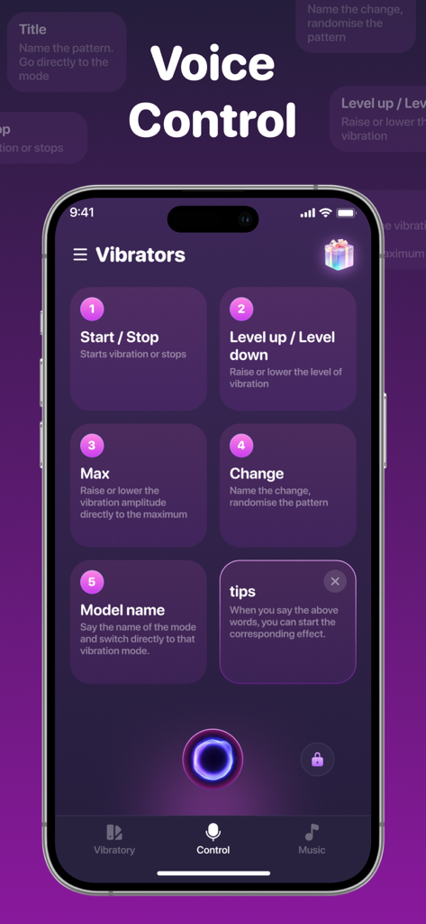 Strong Phone Vibrator app interface for voice control commands