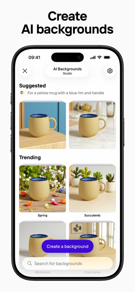 マグカップの製品写真にさまざまなAI生成背景を表示するPhotoroomアプリのインターフェース