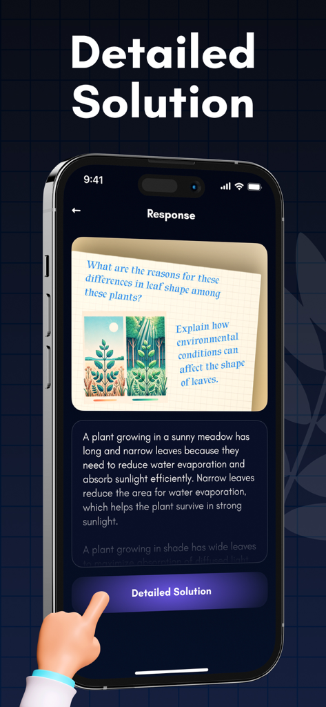Biology Solver: Answer Helper - A detailed biology explanation for a plant leaf shape question on the Biology Solver app interface.