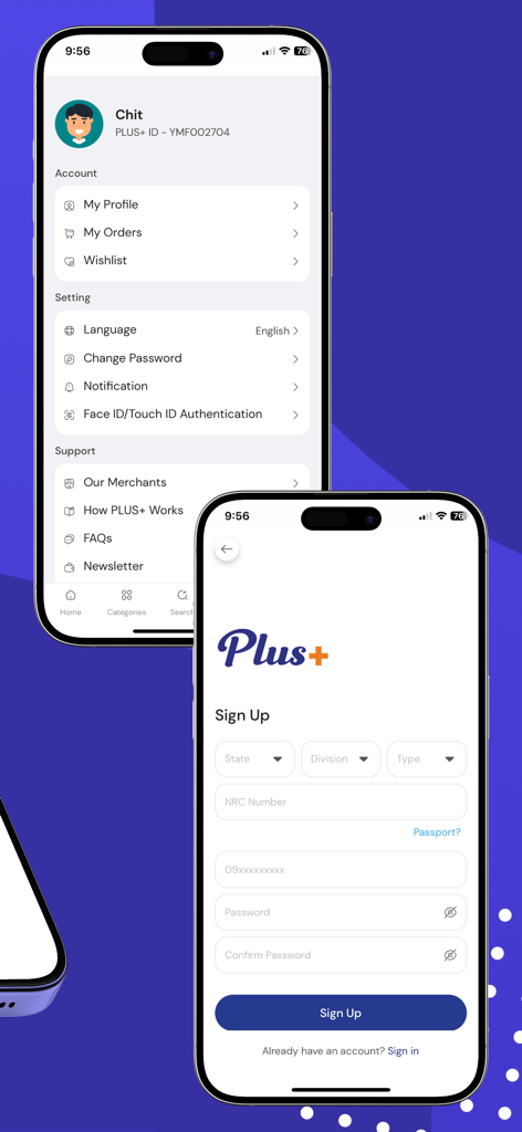 User profile and sign up screens of the PLUS finance app
