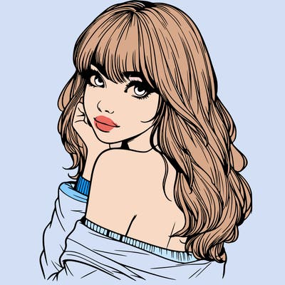 realistic girl with bangs looking over her shoulder