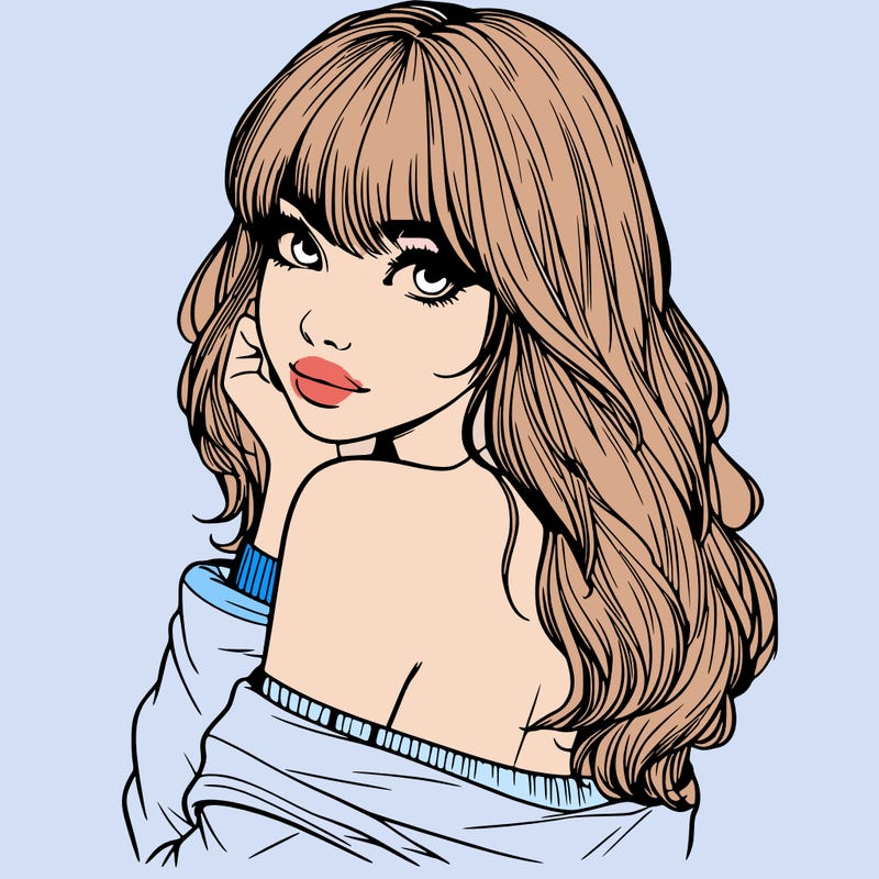realistic girl with bangs looking over her shoulder