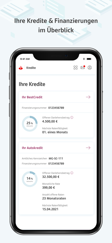 Interfaz de la aplicación MySantander Banking que muestra una descripción general de préstamos personales y de automóviles con el progreso del reembolso y los detalles de las cuotas mensuales.
