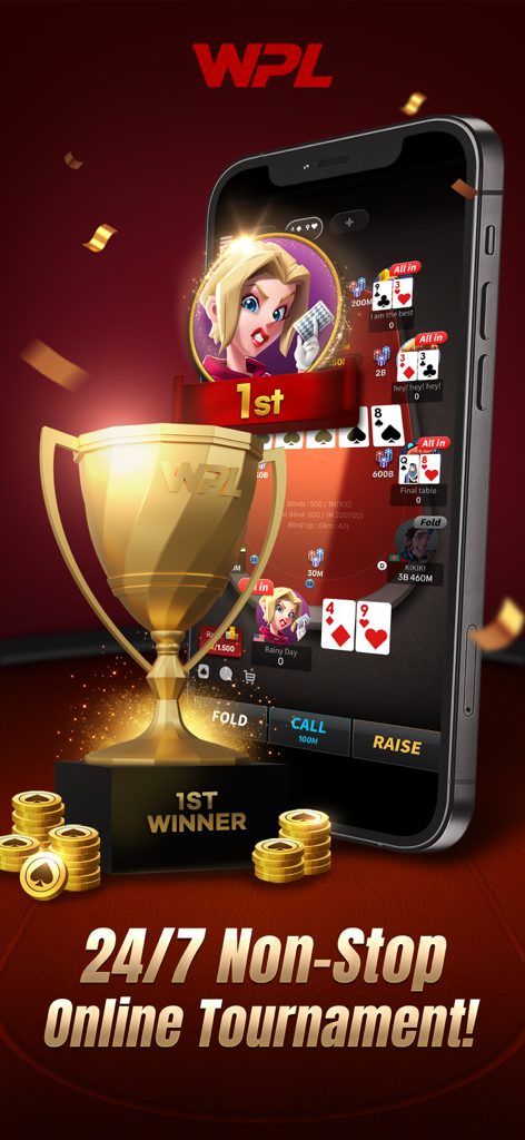 A golden winner trophy and gold coins next to a smartphone showing a WPL poker tournament game