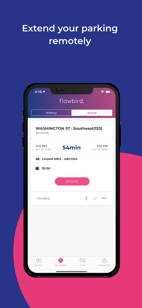 Flowbird app interface showing an active parking session in Syracuse with a remote extension button