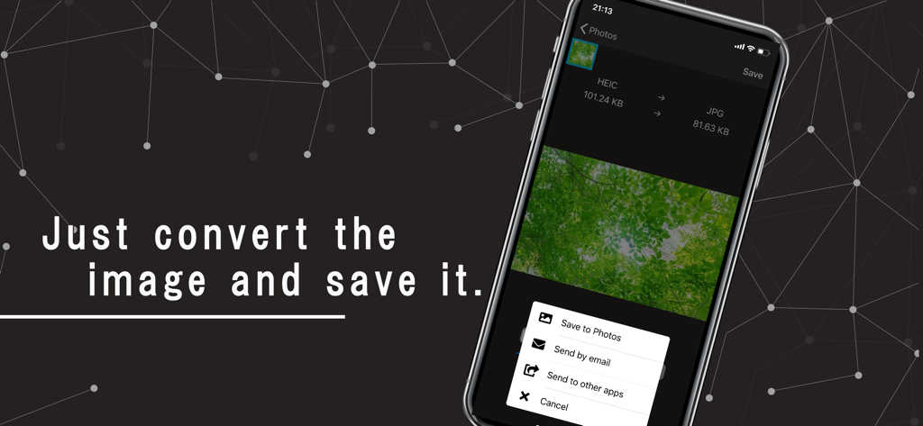 Image Converter - JPG PNG HEIC - Image converter app interface showing HEIC to JPG conversion and sharing options on an iPhone screen.