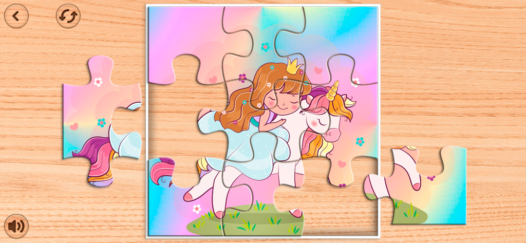 Unicorn Puzzles Game for Girls - Un rompecabezas de una princesa abrazando a un lindo unicornio sobre un fondo colorido