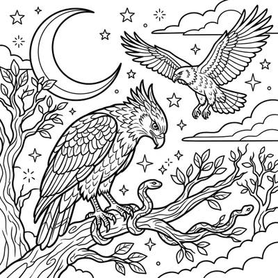 Discover the captivating world of serpent eagles under the mystical night sky in this intricate coloring page. Experience the thrill of these raptors as they hunt and soar amidst the moon and stars.