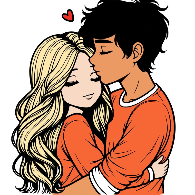 a realistic couple boy and girl hugging and kissing