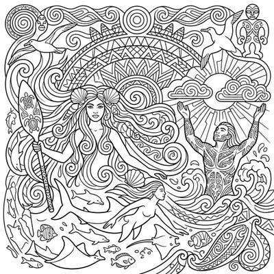 Embark on a mythical coloring journey with this captivating template featuring powerful Oceanic Gods and Goddesses. Explore intricate details of marine life and traditional Polynesian patterns as you bring these ancient legends to life.