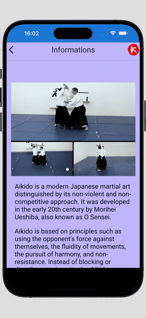 Informations screen of the Aikido-ALL app with multi-angle martial arts videos and text descriptions.