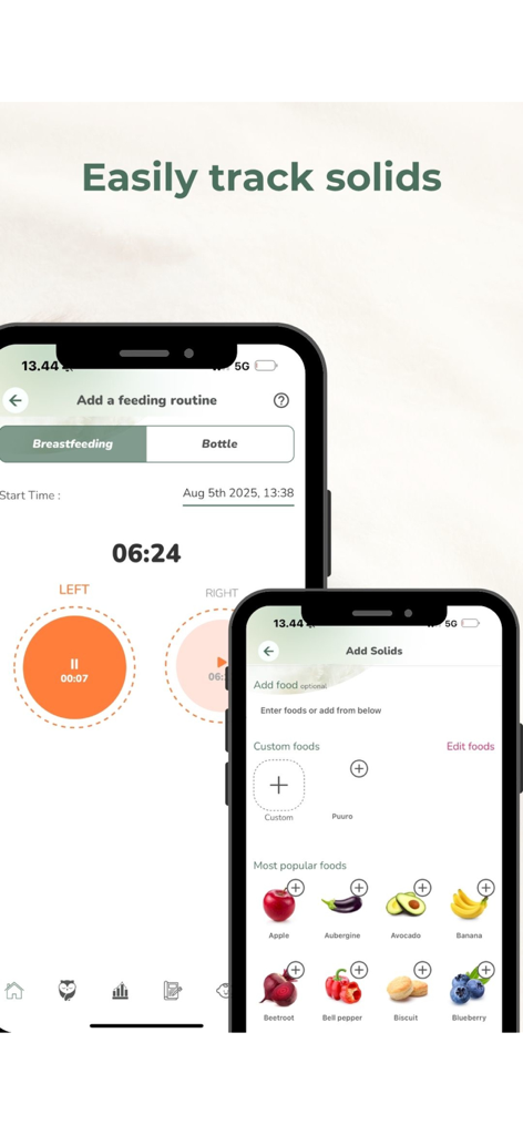 iZzzleep – Baby Sleep Coach - Interface of the iZzzleep app showing feeding routine and solid food tracking screens.