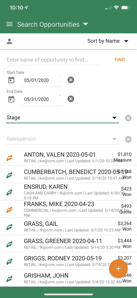 RFMS CRM - RFMS CRM app search opportunities interface showing a list of sales leads with status, value, and date filters