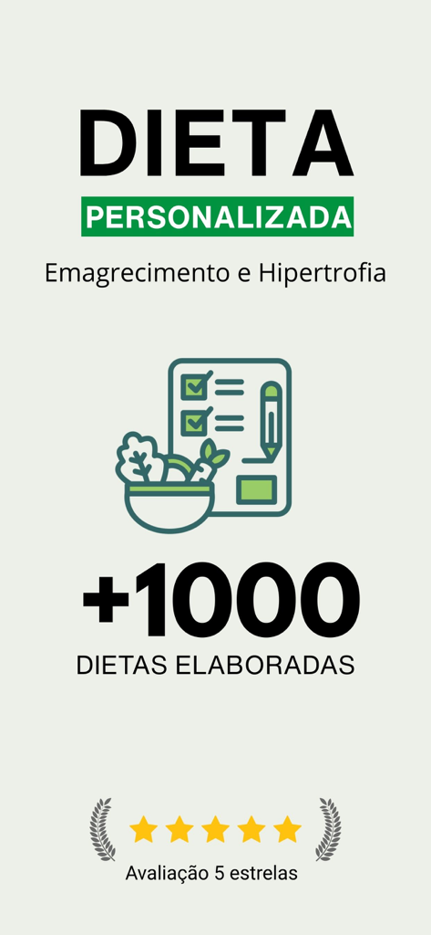 Dieta Já - Seu Nutri - Dieta Ja 앱 화면, 5점 만점 평가와 함께 체중 감량 및 근육량 증가를 위한 맞춤 영양 계획 홍보