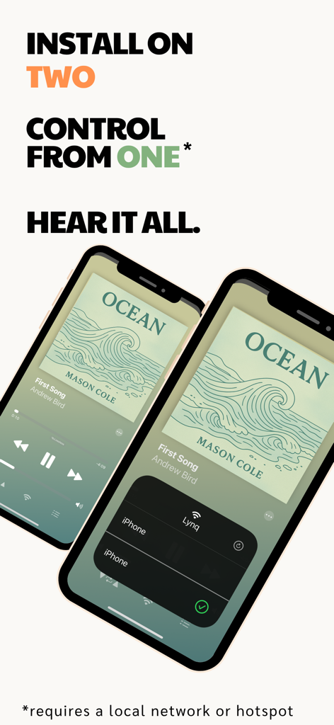 Interfaccia dell'app Lysoniq che mostra il controllo della riproduzione musicale remota su due iPhone.