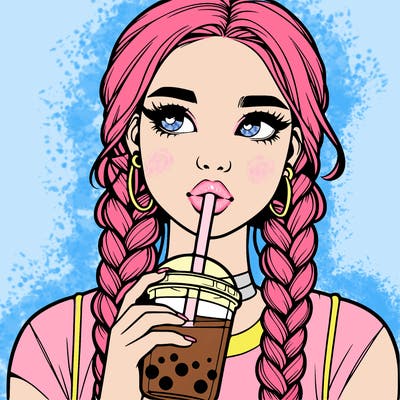realistic girl with braided hair drinking boba