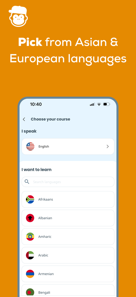 Interface of the Ling app showing the Choose your course screen with a list of Asian and European languages including Afrikaans and Arabic
