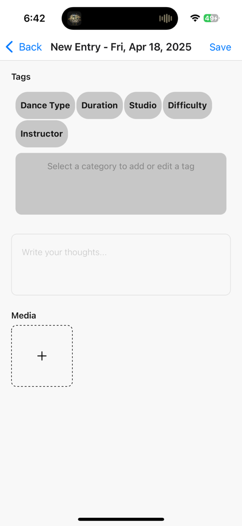 Dance Minder - Interface of Dance Minder app for creating a new practice entry with tags and notes