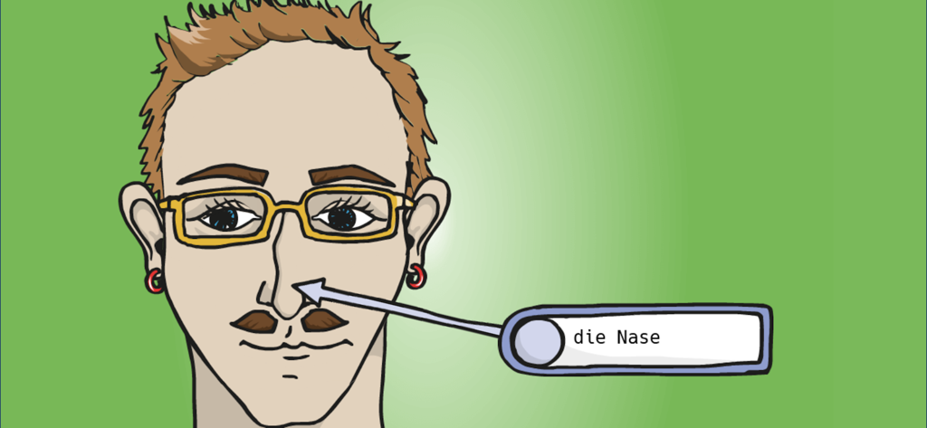 Learning German Mumbro Zinell - 鼻を指し示す矢印とドイツ語のラベル「die Nase」が付いた顔のカートゥーンイラスト。