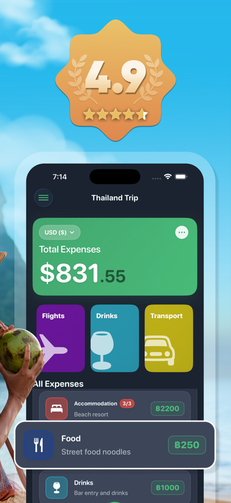 Dashboard dell'app TripBudgy che mostra le spese totali di viaggio per un viaggio in Thailandia con spese categorizzate e conversione di valuta