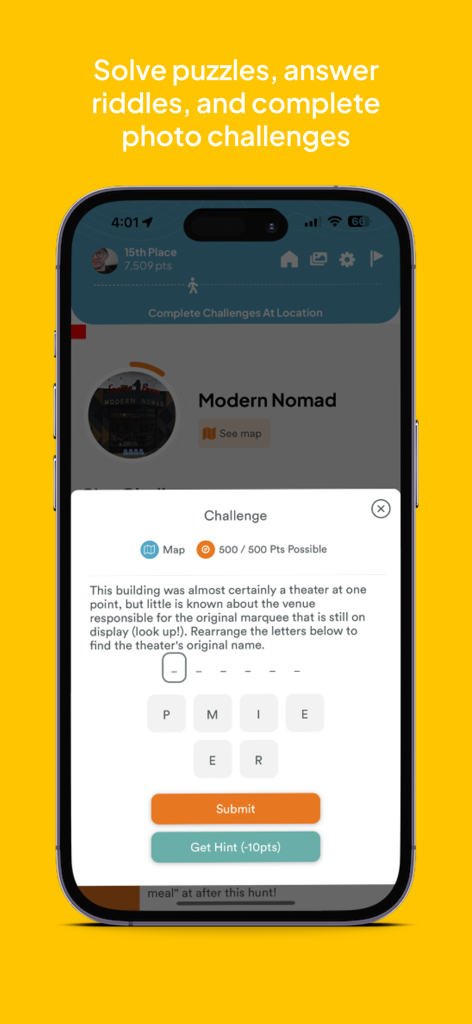 Lets Roam app interface showing a riddle and puzzle challenge for a city scavenger hunt