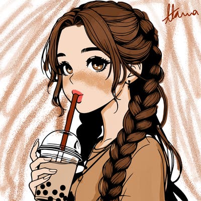 realistic girl with braided hair drinking boba