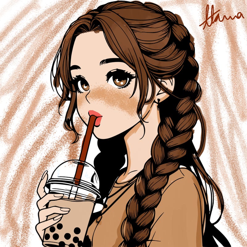realistic girl with braided hair drinking boba