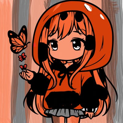 chibi girl with long hair and baggy hoodie holding a butterfly and looking down on it