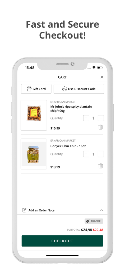 ER African Market - Mobile app screen for ER African Market showing the shopping cart with African snacks and a secure checkout button